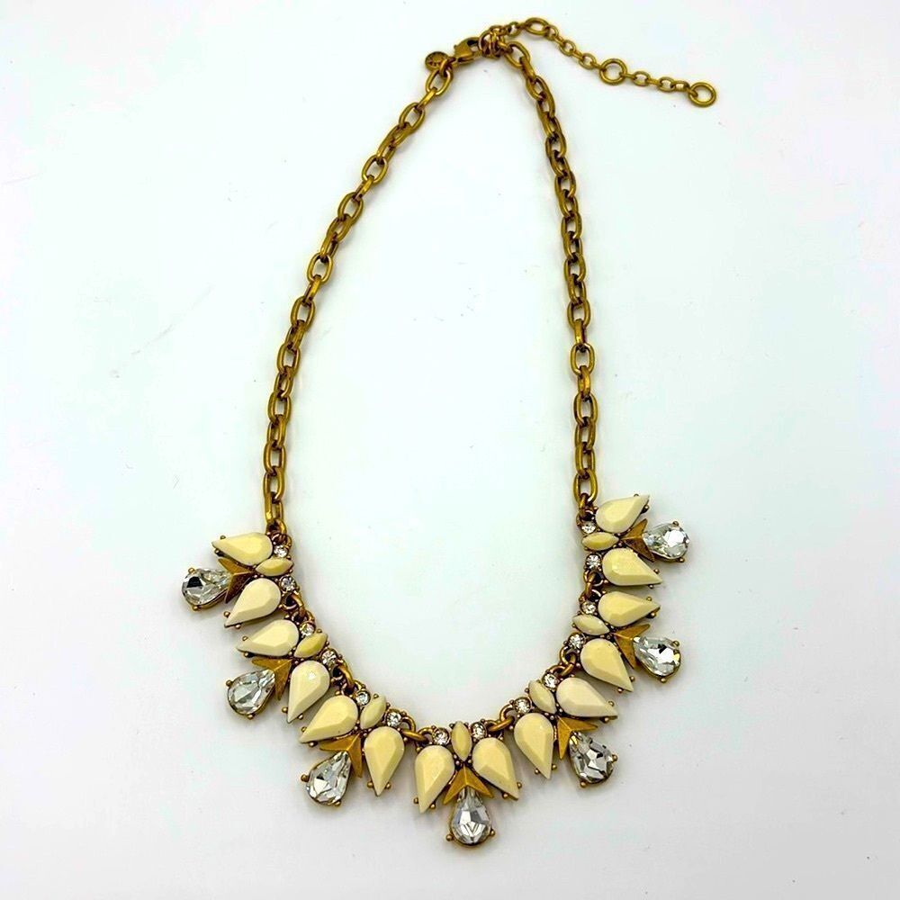 J. Crew Statement Necklace Cream Enamel Crystal Art Deco Gold Tone Jewelry​